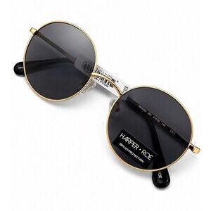 Harper + Roe Round Gold Tone Sunglasses Black Lenses Retro Boho Festival NWT